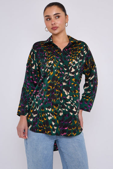 Emerald Leopard Print Satin Oversized Shirt