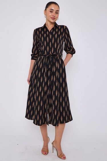 Tan Chevron Print Half Sleeve Black Midi Shirt Dress