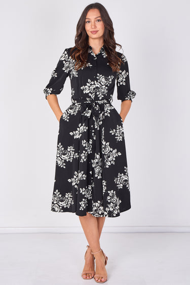 Love Sunshine Black & Ivory Rose Print Belted Midi Shirt Dress Brunch Dress Casual Dress Dress with Pockets Dresses Everyday Dress LS-2045 Workwear Dress