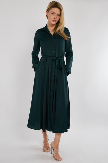 Emerald Layer Satin Long Sleeve Maxi Shirt Dress