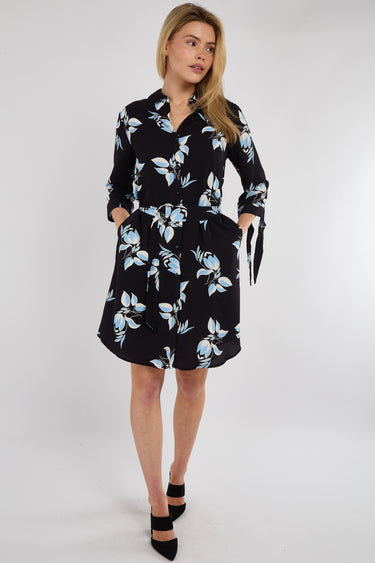 Blue Leaf Print Half Sleeve Mini Shirt Dress