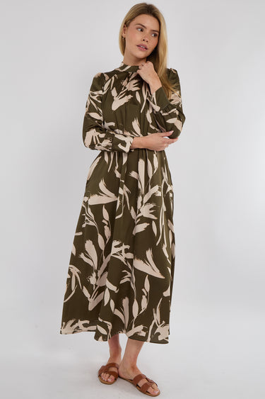 Khaki Brushstroke Print Pleated Skirt Satin Maxi Dress