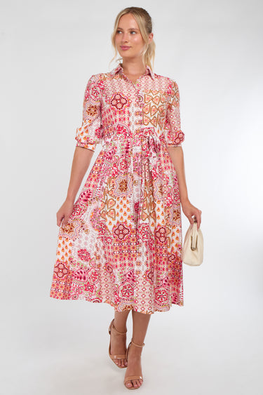 Pink Tile Print Half Sleeve Midi Shirt Dress