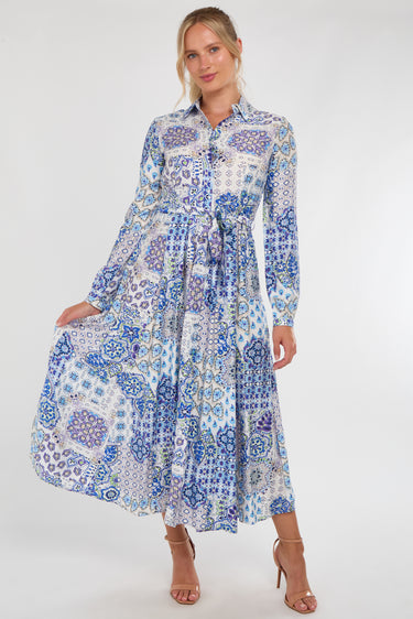 Blue and White Tile Print Maxi Shirt Dress