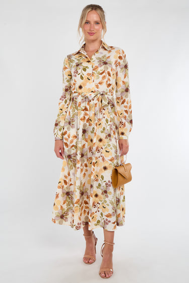 Autumn Bloom Botanical Print Maxi Shirt Dress