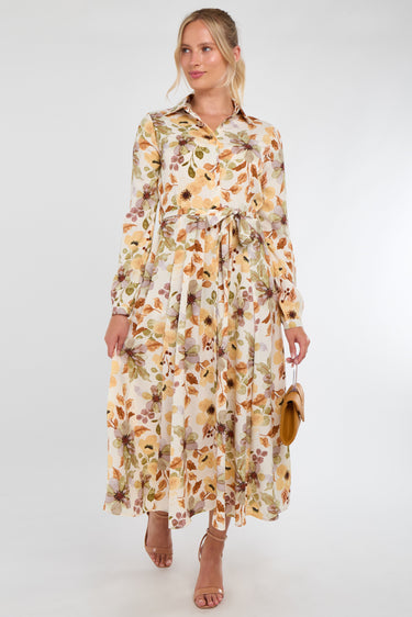 Autumn Bloom Botanical Print Maxi Shirt Dress