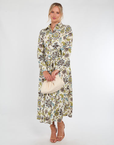 Ivory and Olive Baroque Floral Print Maxi Shirt Dress
