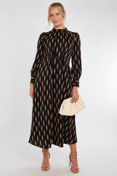 Tan Chevron Print Pleated Skirt Maxi Dress