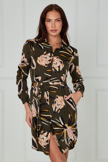 Khaki and Blush Tropical Floral Print Mini Shirt Dress