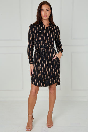Black and Camel Chevron Print Mini Shirt Dress