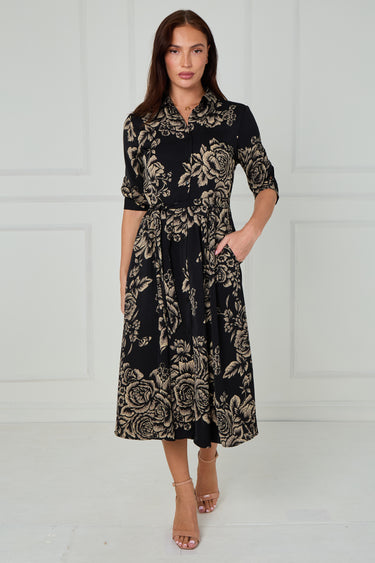 Black and Beige Rose Print Midi Shirt Dress