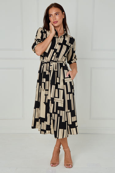 Black and Stone Geometric Stripe Print Midi Shirt Dress