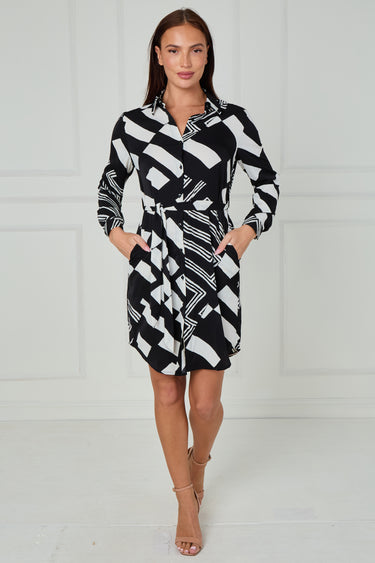 Black and White Abstract Patchwork Print Mini Shirt Dress