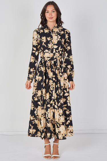 Love Sunshine Midnight Bloom Printed Belted Maxi Shirt Dress Brunch Dress Casual Dress DB Dress with Pockets Dresses Everyday Dress Garden Party Dress Long Sleeve Dress LS-2037 Wedding Guest Dress
