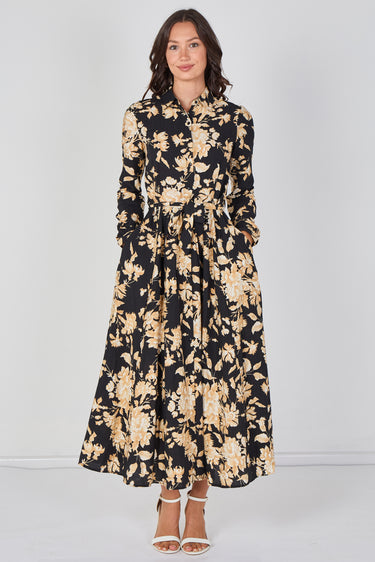 Love Sunshine Midnight Bloom Printed Belted Maxi Shirt Dress Brunch Dress Casual Dress DB Dress with Pockets Dresses Everyday Dress Garden Party Dress Long Sleeve Dress LS-2037 Wedding Guest Dress