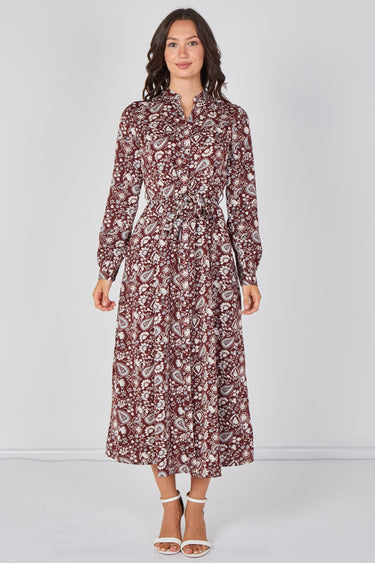 Love Sunshine Burgundy Paisley Floral Print Belted Maxi Shirt Dress Brunch Dress Casual Dress Dress with Pockets Dresses Everyday Dress Garden Party Dress Long Sleeve Dress LS-2603 Wedding Guest Dress