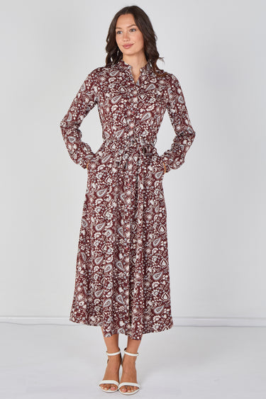 Love Sunshine Burgundy Paisley Floral Print Belted Maxi Shirt Dress Brunch Dress Casual Dress Dress with Pockets Dresses Everyday Dress Garden Party Dress Long Sleeve Dress LS-2603 Wedding Guest Dress