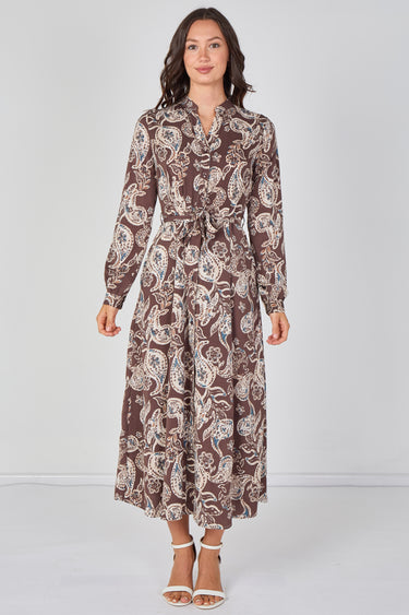 Love Sunshine Mocha Paisley Print Belted Maxi Shirt Dress Brunch Dress Casual Dress Dress with Pockets Dresses Everyday Dress Garden Party Dress Long Sleeve Dress LS-2603 Wedding Guest Dress
