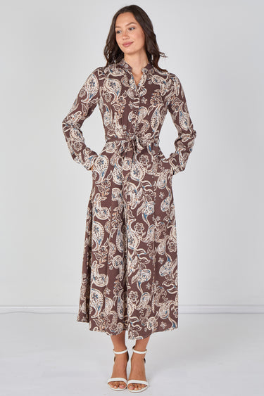 Love Sunshine Mocha Paisley Print Belted Maxi Shirt Dress Brunch Dress Casual Dress Dress with Pockets Dresses Everyday Dress Garden Party Dress Long Sleeve Dress LS-2603 Wedding Guest Dress