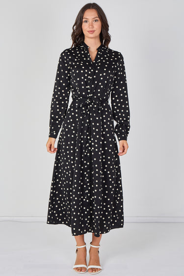 Love Sunshine Black Polka Dot Print Belted Maxi Shirt Dress Brunch Dress Casual Dress Dress with Pockets Dresses Everyday Dress Garden Party Dress Long Sleeve Dress LS-2603 Wedding Guest Dress