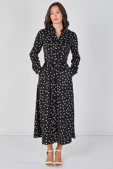 Love Sunshine Black Polka Dot Print Belted Maxi Shirt Dress Brunch Dress Casual Dress Dress with Pockets Dresses Everyday Dress Garden Party Dress Long Sleeve Dress LS-2603 Wedding Guest Dress