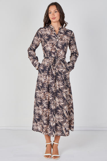 Love Sunshine Black and Blush Palm Print Belted Maxi Shirt Dress Brunch Dress Casual Dress Dress with Pockets Dresses Everyday Dress Garden Party Dress Long Sleeve Dress LS-2603 Wedding Guest Dress