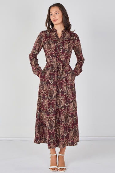 Love Sunshine Burgundy Paisley Print Belted Maxi Shirt Dress Brunch Dress Casual Dress Dress with Pockets Dresses Everyday Dress Garden Party Dress Long Sleeve Dress LS-2603 Wedding Guest Dress