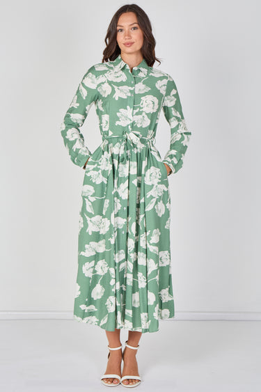 Love Sunshine Sage Green Blossom Printed Belted Maxi Shirt Dress Brunch Dress Casual Dress DB Dress with Pockets Dresses Everyday Dress Garden Party Dress Long Sleeve Dress LS-2037 Wedding Guest Dress