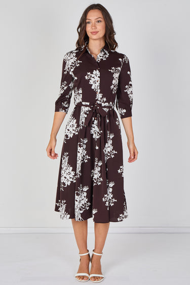 Love Sunshine Brown Ivory Bouquet Print Belted Midi Shirt Dress Brunch Dress Casual Dress Dress with Pockets Dresses Everyday Dress LS-2045 Workwear Dress