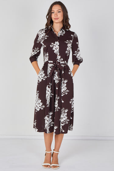Love Sunshine Brown Ivory Bouquet Print Belted Midi Shirt Dress Brunch Dress Casual Dress Dress with Pockets Dresses Everyday Dress LS-2045 Workwear Dress