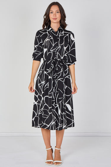 Love Sunshine Black and White Abstract Line Print Belted Midi Shirt Dress Brunch Dress Casual Dress Dress with Pockets Dresses Everyday Dress LS-2045 Workwear Dress