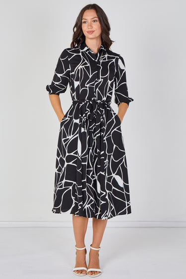Love Sunshine Black and White Abstract Line Print Belted Midi Shirt Dress Brunch Dress Casual Dress Dress with Pockets Dresses Everyday Dress LS-2045 Workwear Dress