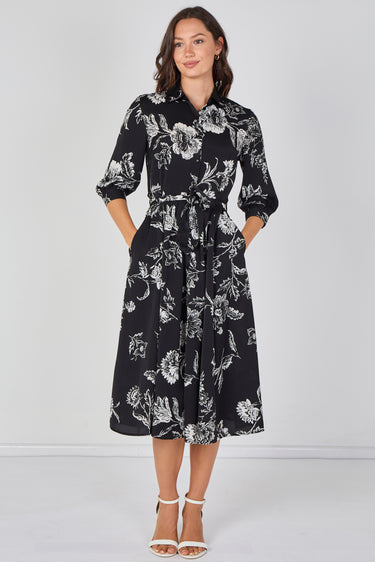 Love Sunshine Black and White Sketch Floral Belted Midi Shirt Dress Brunch Dress Casual Dress Dress with Pockets Dresses Everyday Dress LS-2045 Workwear Dress