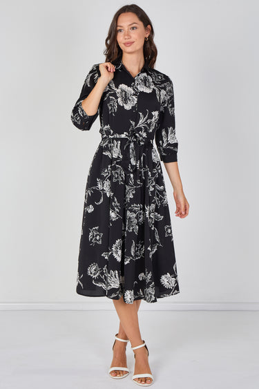 Love Sunshine Black and White Sketch Floral Belted Midi Shirt Dress Brunch Dress Casual Dress Dress with Pockets Dresses Everyday Dress LS-2045 Workwear Dress