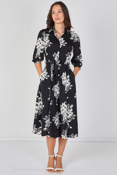 Love Sunshine Black Ivory Bouquet Print Belted Midi Shirt Dress Brunch Dress Casual Dress Dress with Pockets Dresses Everyday Dress LS-2045 Workwear Dress