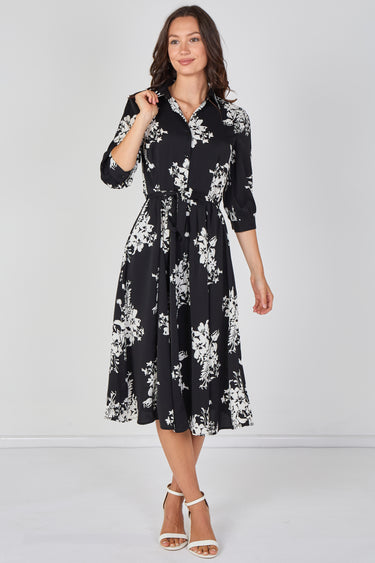 Love Sunshine Black Ivory Bouquet Print Belted Midi Shirt Dress Brunch Dress Casual Dress Dress with Pockets Dresses Everyday Dress LS-2045 Workwear Dress
