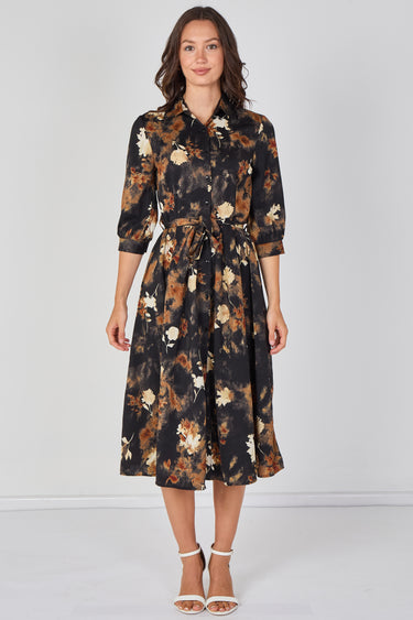 Love Sunshine Black Rust Watercolour Floral Belted Midi Shirt Dress Brunch Dress Casual Dress Dress with Pockets Dresses Everyday Dress LS-2045 Workwear Dress