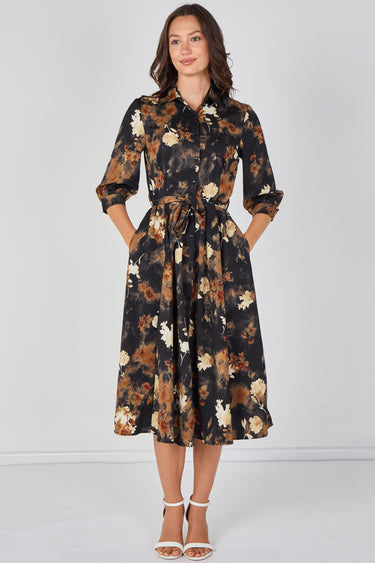 Love Sunshine Black Rust Watercolour Floral Belted Midi Shirt Dress Brunch Dress Casual Dress Dress with Pockets Dresses Everyday Dress LS-2045 Workwear Dress