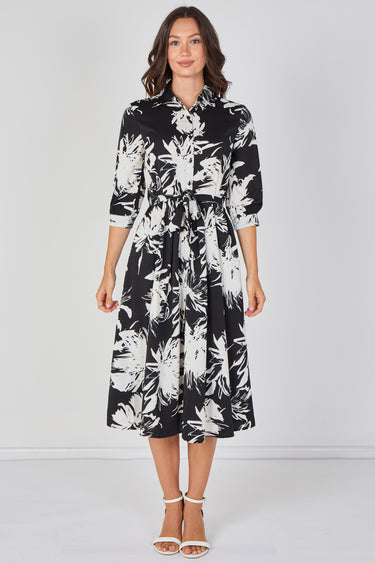 Love Sunshine Black and White Brushstroke Floral Belted Midi Shirt Dress Brunch Dress Casual Dress Dress with Pockets Dresses Everyday Dress LS-2045 Workwear Dress