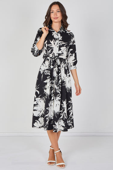 Love Sunshine Black and White Brushstroke Floral Belted Midi Shirt Dress Brunch Dress Casual Dress Dress with Pockets Dresses Everyday Dress LS-2045 Workwear Dress