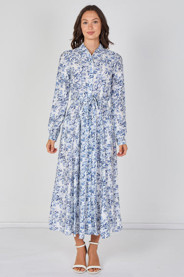 Love Sunshine Blue Toile Printed Belted Maxi Shirt Dress Brunch Dress Casual Dress DB Dress with Pockets Dresses Everyday Dress Garden Party Dress Long Sleeve Dress LS-2037 Wedding Guest Dress