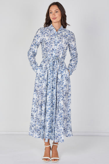 Love Sunshine Blue Toile Printed Belted Maxi Shirt Dress Brunch Dress Casual Dress DB Dress with Pockets Dresses Everyday Dress Garden Party Dress Long Sleeve Dress LS-2037 Wedding Guest Dress