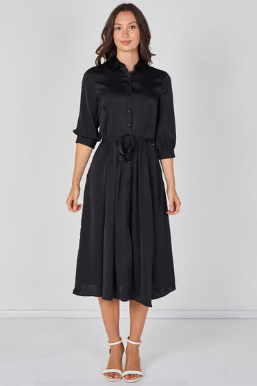 Love Sunshine Plain Black Velvety Satin Belted Midi Shirt Dress Brunch Dress Casual Dress Dress with Pockets Dresses Everyday Dress LS-2045 Workwear Dress