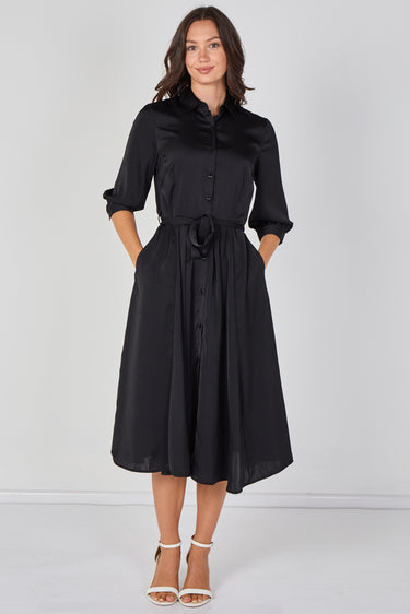 Love Sunshine Plain Black Velvety Satin Belted Midi Shirt Dress Brunch Dress Casual Dress Dress with Pockets Dresses Everyday Dress LS-2045 Workwear Dress
