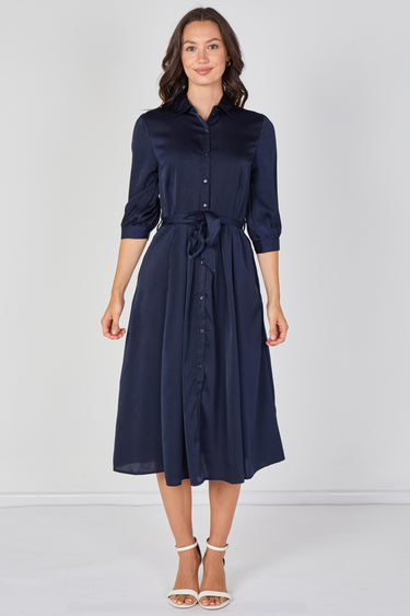 Love Sunshine Plain Navy Velvety Satin Belted Midi Shirt Dress Brunch Dress Casual Dress Dress with Pockets Dresses Everyday Dress LS-2045 Workwear Dress