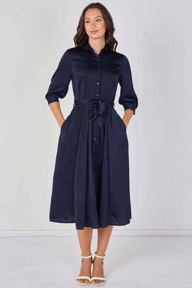 Love Sunshine Plain Navy Velvety Satin Belted Midi Shirt Dress Brunch Dress Casual Dress Dress with Pockets Dresses Everyday Dress LS-2045 Workwear Dress
