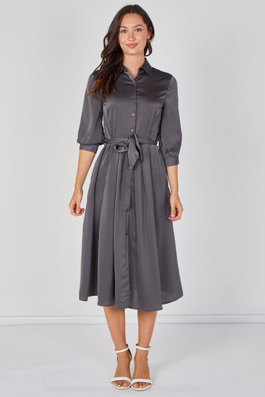Love Sunshine Plain Grey Velvety Satin Belted Midi Shirt Dress Brunch Dress Casual Dress Dress with Pockets Dresses Everyday Dress LS-2045 Workwear Dress