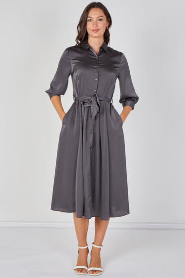 Love Sunshine Plain Grey Velvety Satin Belted Midi Shirt Dress Brunch Dress Casual Dress Dress with Pockets Dresses Everyday Dress LS-2045 Workwear Dress