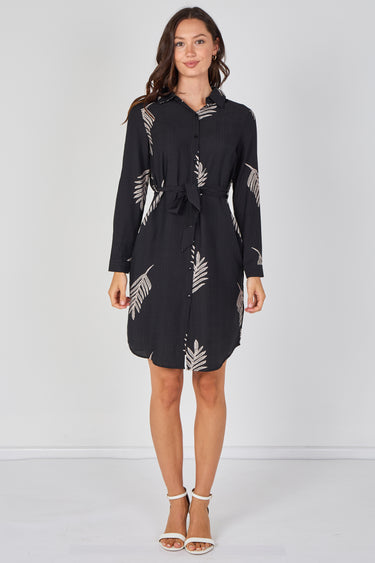 Love Sunshine Black Botanical Leaf Print Belted Shirt Dress Brunch Dress Casual Dress Dress with Pockets Dresses Everyday Dress Long Sleeve Dress LS-5026 Workwear Dress