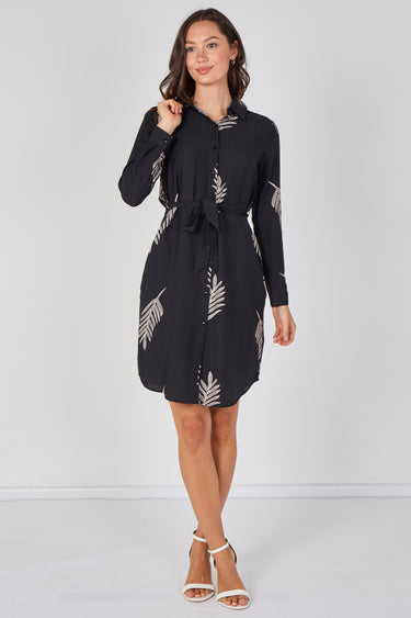 Love Sunshine Black Botanical Leaf Print Belted Shirt Dress Brunch Dress Casual Dress Dress with Pockets Dresses Everyday Dress Long Sleeve Dress LS-5026 Workwear Dress